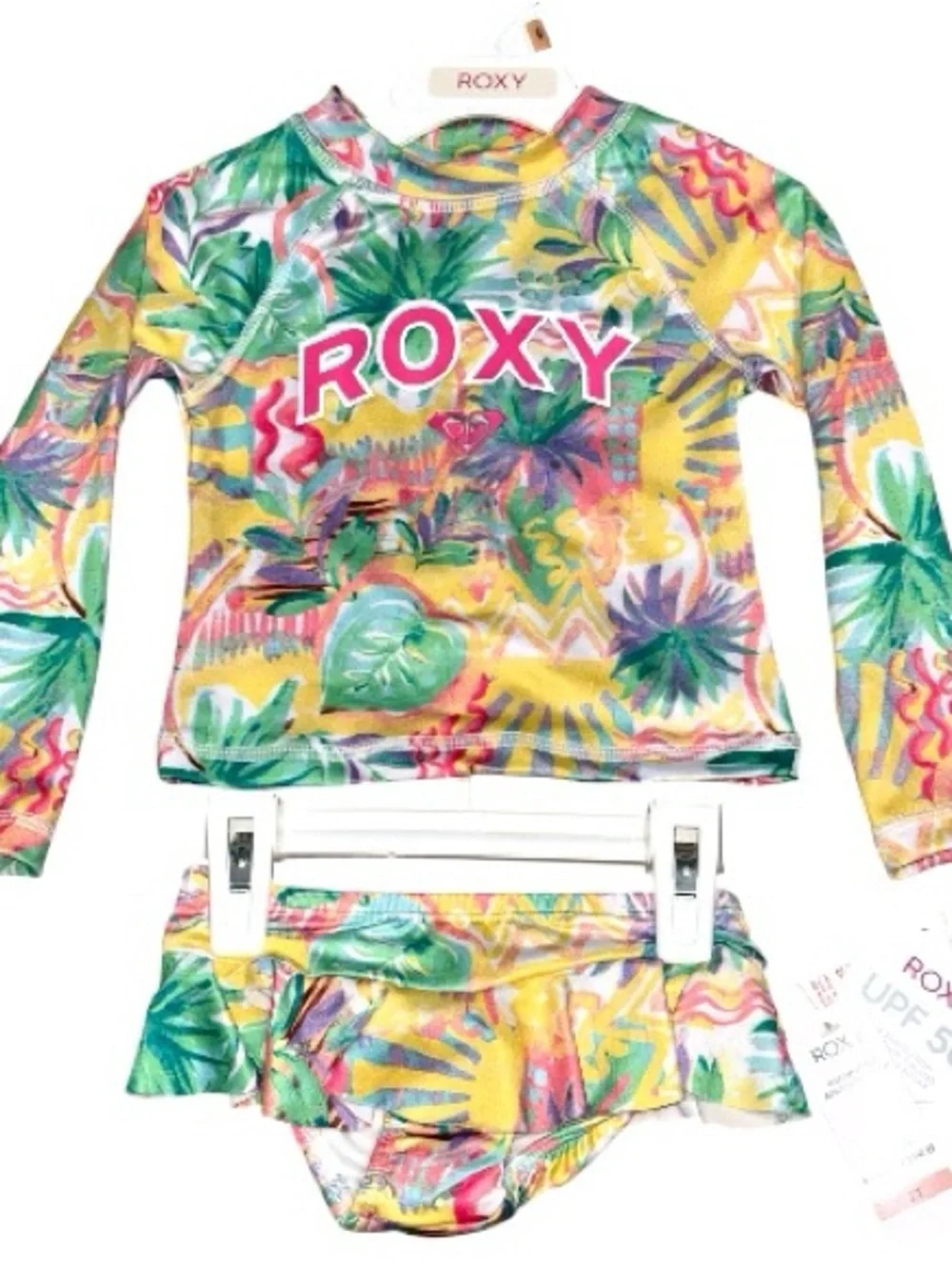 ROXY size 2T 2 piece set long sleeve swim top and bottoms floral tropical new